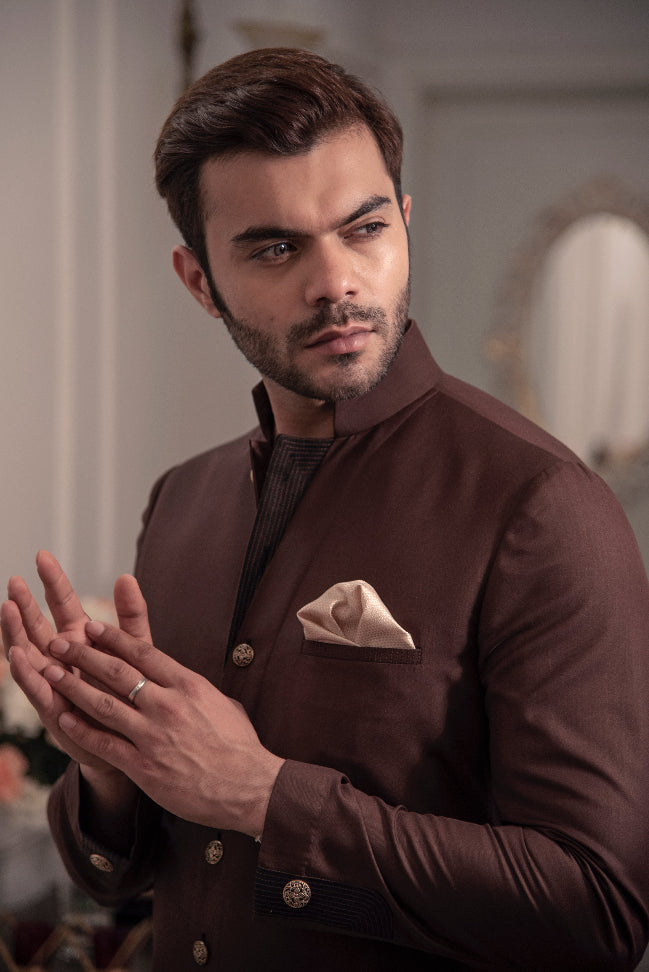 Chocolate brown designer indo cut kurta with ivory pant cut pajama.
