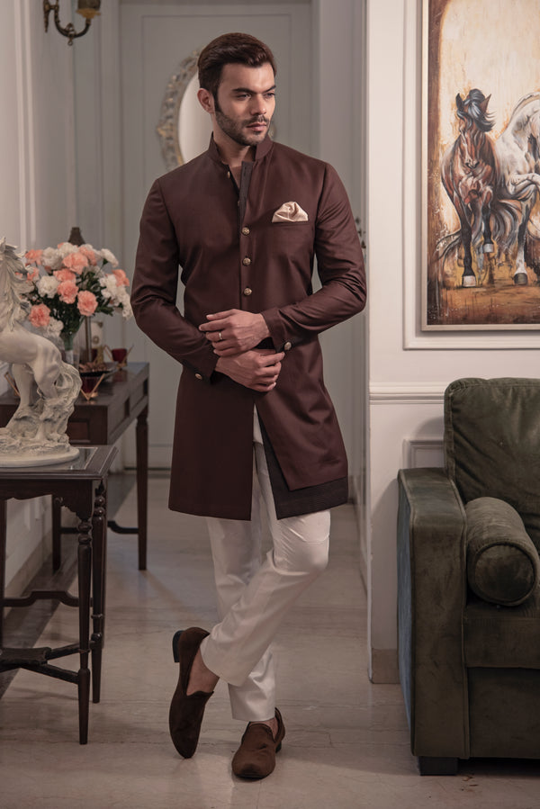 Chocolate brown designer indo cut kurta with ivory pant cut pajama.