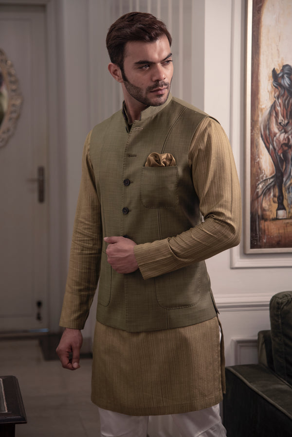 Mehndi green nehru jacket with green self textured kurta and off white pant cut pajama.