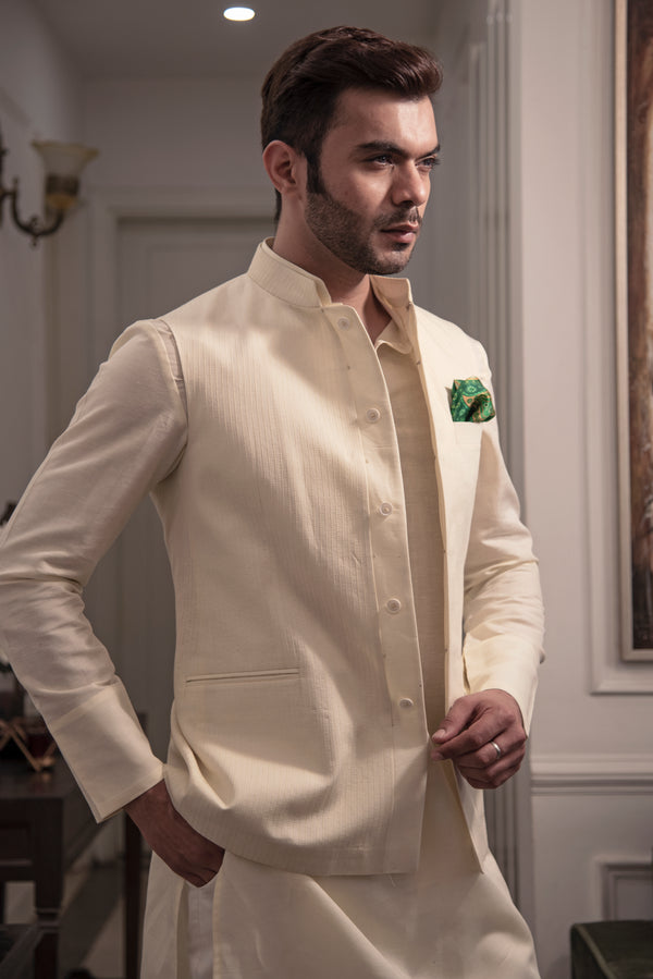 Cream Kurta Pajama With Woven Nehru Jacket 895MW16