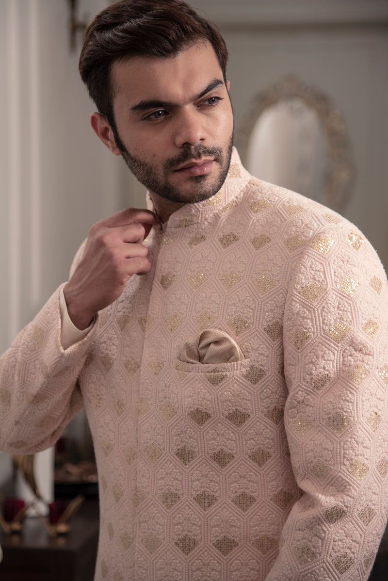 Peach embroidered sherwani