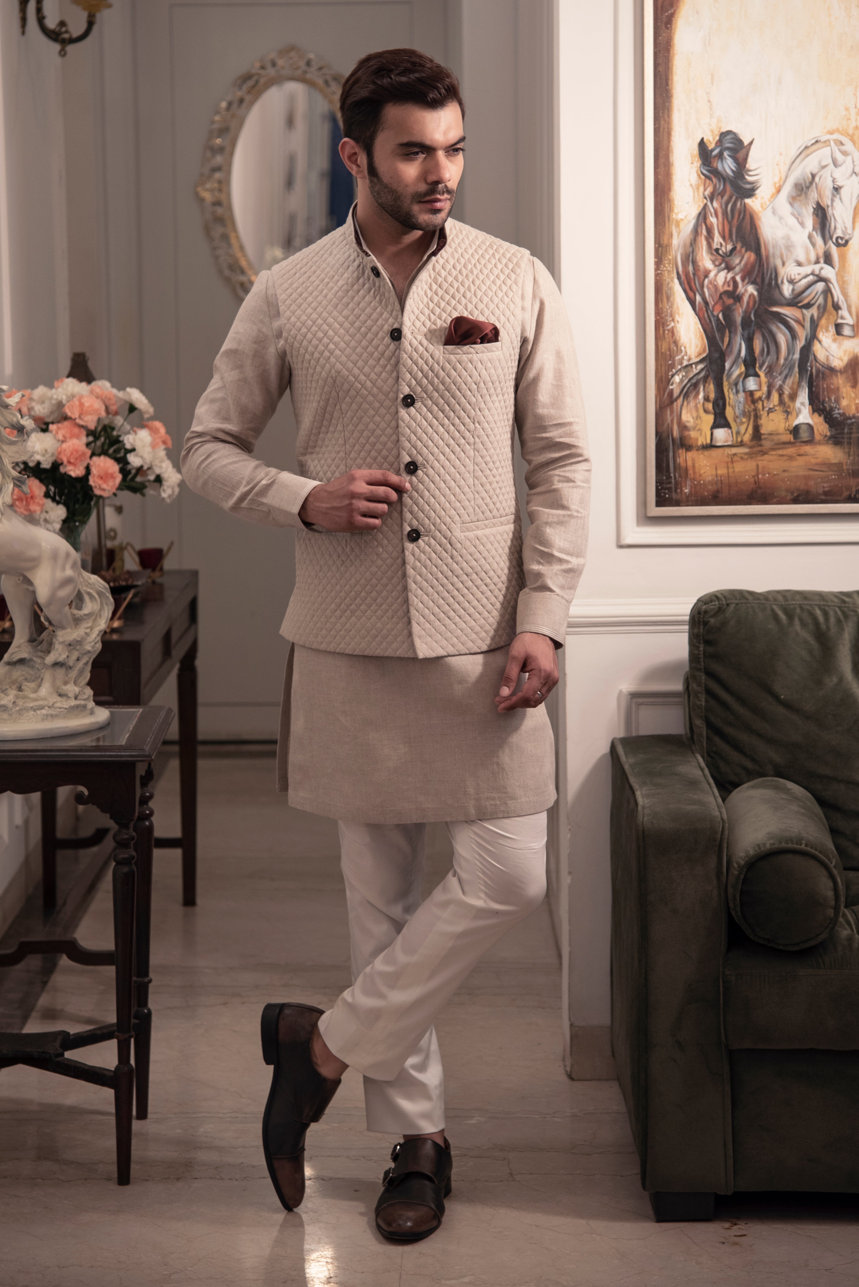 Beige coloured quilted nehru jacket in linen fabric with same linen kurta and off white pant cut pajama.