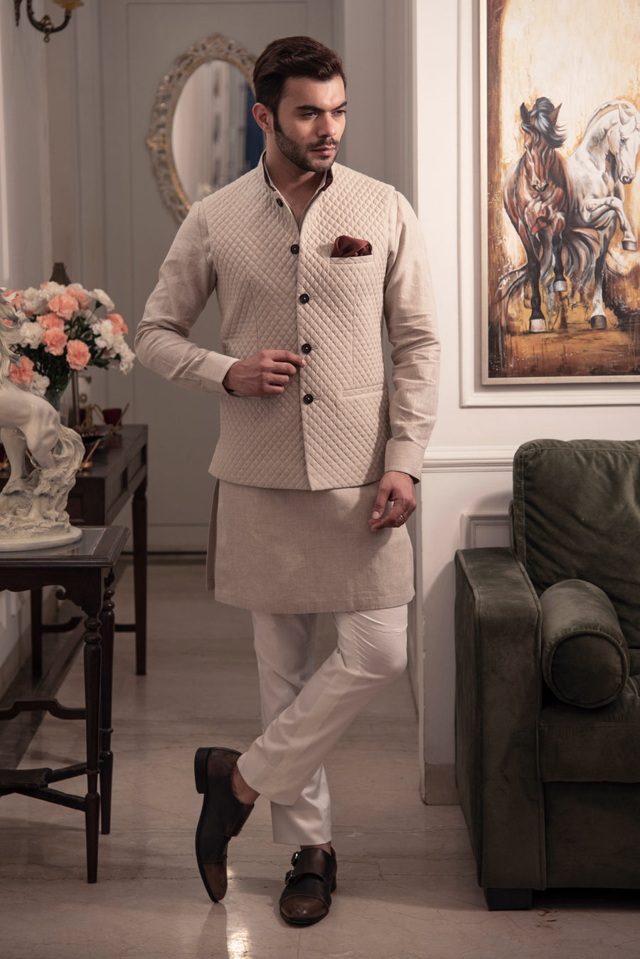 Beige Nehru Jacket Set