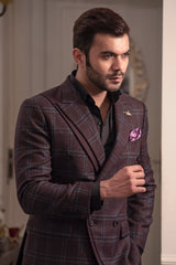 Wine coloured designer double breasted jacket. Paired up with navy blue pants.